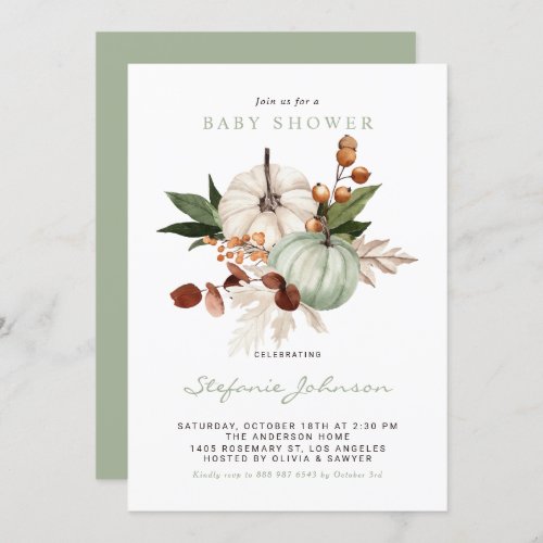 Watercolor Sage Green Pumpkins Fall Baby Shower Invitation