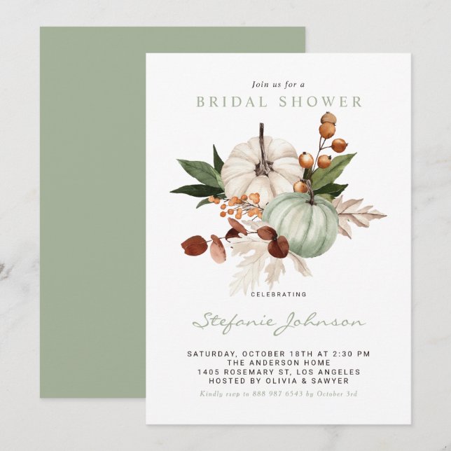 Watercolor Sage Green Pumpkins Fall Bridal Shower Invitation (Front/Back)