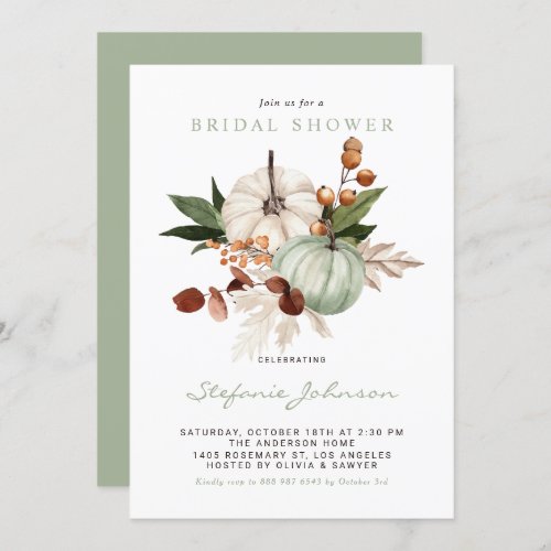 Watercolor Sage Green Pumpkins Fall Bridal Shower Invitation