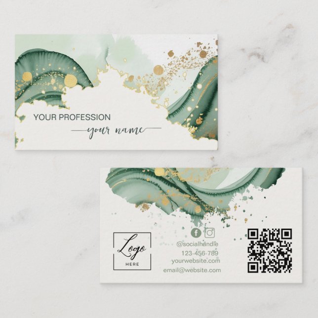 Watercolor Sage green Qr Code  Business Card (Front/Back)