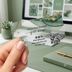 Watercolor Sage green Qr Code Clear Business Cards