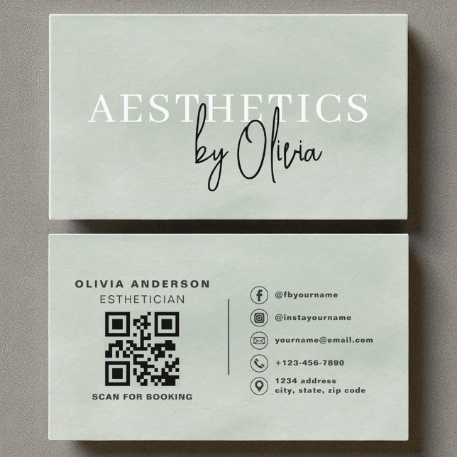 Watercolor Sage Green Skincare QR Code  Business Card (Creator Uploaded)