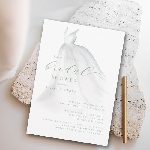 Watercolor Sage Green Wedding Dress Bridal Shower Invitation