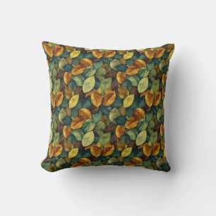 Watercolor sage green yellow brown copper leaves throw pillow