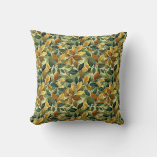 Watercolor sage green yellow brown copper leaves throw pillow