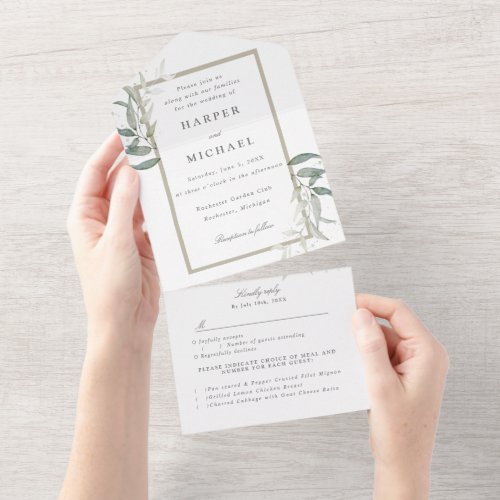 watercolor sage leaves rsvp attached wedding all in one invitation