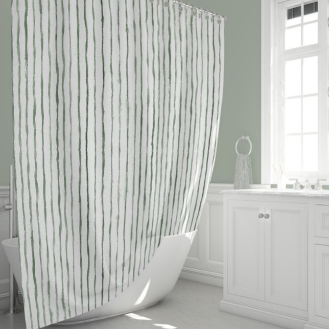 Watercolor Sage White Painted Striped Beach Decor  Shower Curtain (Creator Uploaded)