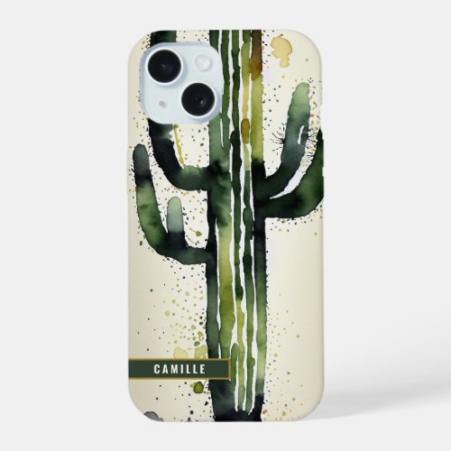 Watercolor Saguaro Cactus Desert Art Monogram iPhone 15 Case