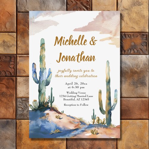 Watercolor Saguaro Cactus Desert Wedding Invitation