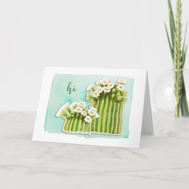 Watercolor Saguaro Cactus with White Flowers Note Card (Front)