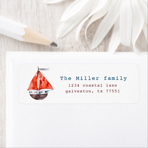 Watercolor Sail Boat Red And Blue Return Address Label