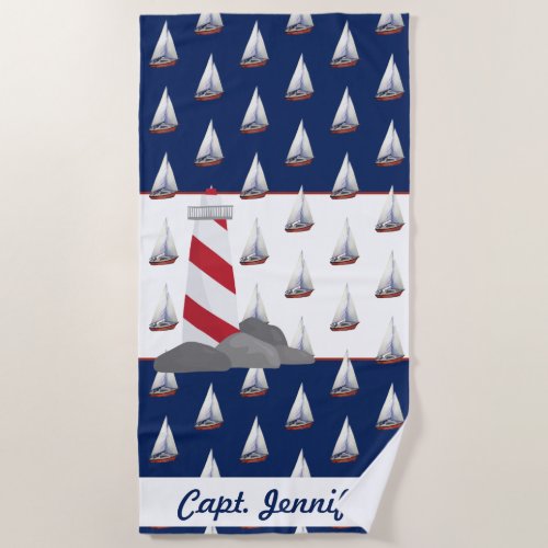 Watercolor sail boats and lighthouse custom name beach towel