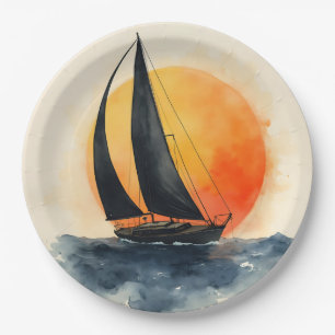 Watercolor Sailboat at Sunset Paper Plates