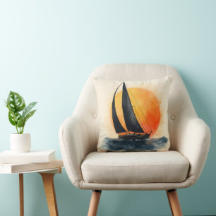 Watercolor Sailboat at Sunset Throw Pillow