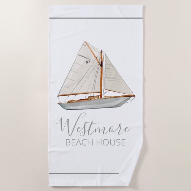 Watercolor Sailboat Beach House Beach Towel (Front)