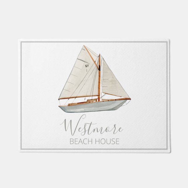 Watercolor Sailboat Beach House Doormat (Front)