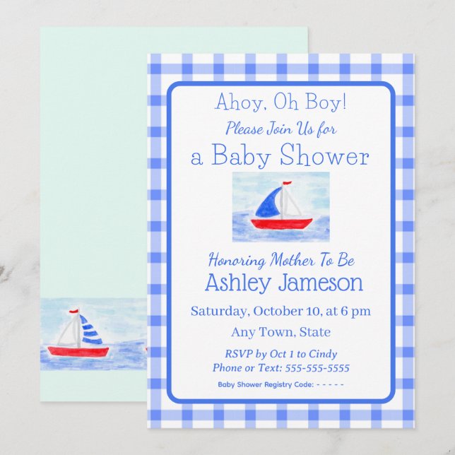 Watercolor Sailboat Blue Check Baby Shower Invitation (Front/Back)