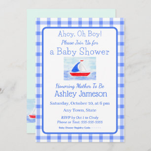 Watercolor Sailboat Blue Check Baby Shower Invitation