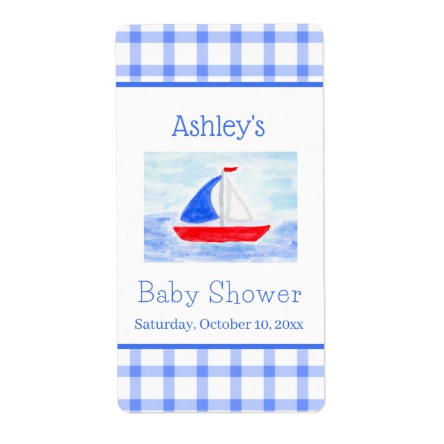 Watercolor Sailboat Blue Check Baby Shower Label (Front)