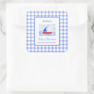 Watercolor Sailboat Blue Check Baby Shower Square Sticker