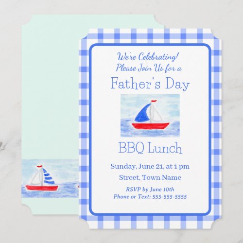 Watercolor Sailboat Blue Check FATHERS DAY Invitation