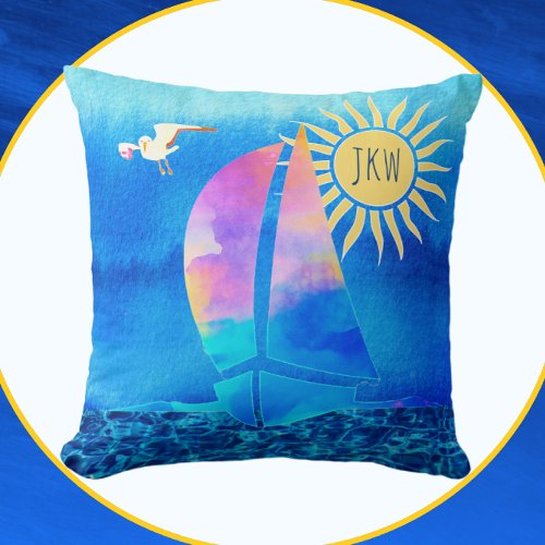 Watercolor Sailboat Blue Sky Sparkling Water Throw Pillow
