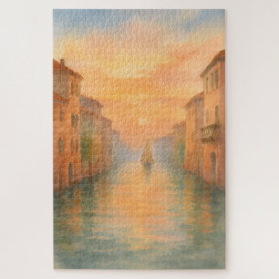 Watercolor Sailboat Dreamy Sunset Venetian Canal Jigsaw Puzzle