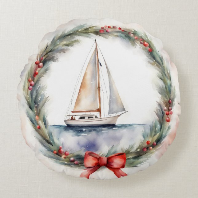 Watercolor Sailboat In Christmas Wreath Round Pillow (Front)