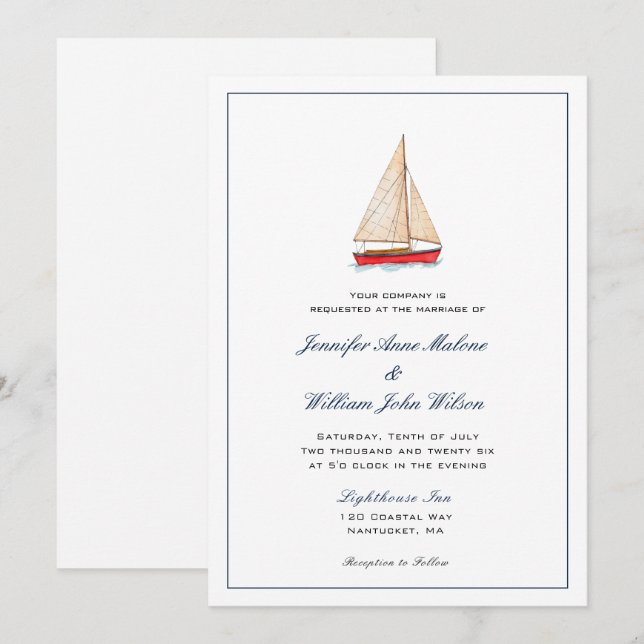 Watercolor Sailboat Nautical wedding invitation (Front/Back)