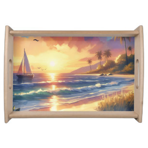 Watercolor Sailboat Ocean Sunset Nautical Beach Serving Tray