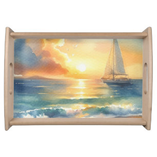 Watercolor Sailboat Ocean Sunset Nautical Coastal Serving Tray