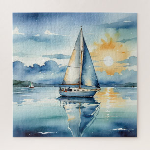 Watercolor Sailboat On a Lake At Sunset Jigsaw Puzzle