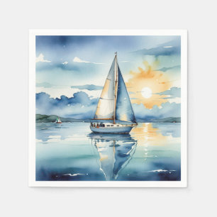 Watercolor Sailboat On a Lake At Sunset Napkins
