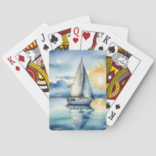 Watercolor Sailboat On a Lake At Sunset Poker Cards