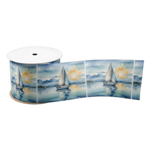 Watercolor Sailboat On a Lake At Sunset Satin Ribbon