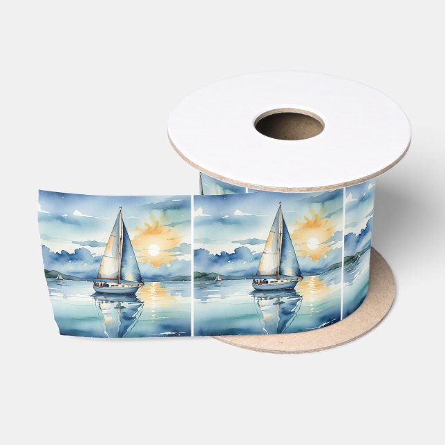 Watercolor Sailboat On a Lake At Sunset Satin Ribbon (Spool)