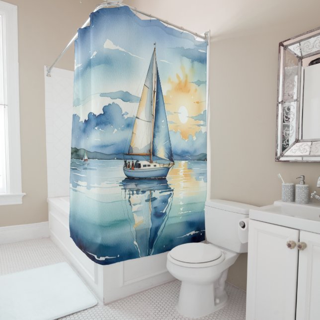 Watercolor Sailboat On a Lake At Sunset Shower Curtain (In Situ)