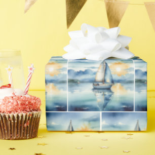 Watercolor Sailboat On a Lake At Sunset Wrapping Paper