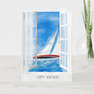 watercolor sailboat on high seas in window view card