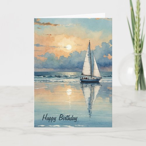 Watercolor Sailboat On Ocean Birthday Card