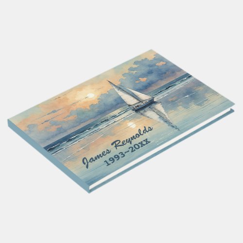 Watercolor Sailboat On Ocean for Memorial Service Guest Book