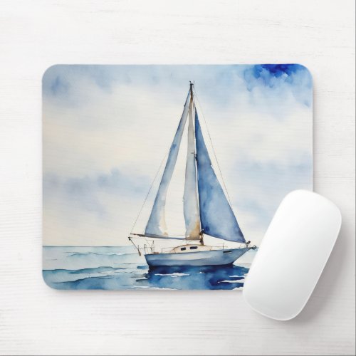 Watercolor Sailboat On Ocean Mouse Pad