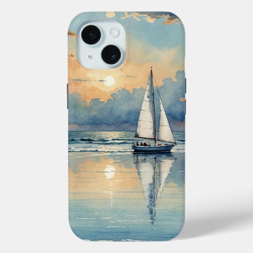 Watercolor Sailboat On Ocean Painting iPhone 15 Case