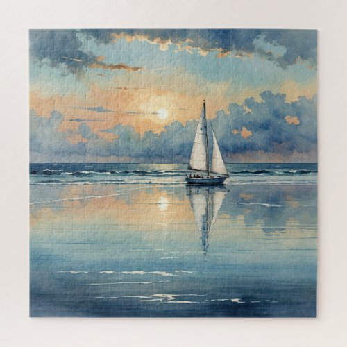 Watercolor Sailboat On Ocean Painting Jigsaw Puzzle