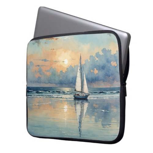 Watercolor Sailboat On Ocean Painting Laptop Sleeve