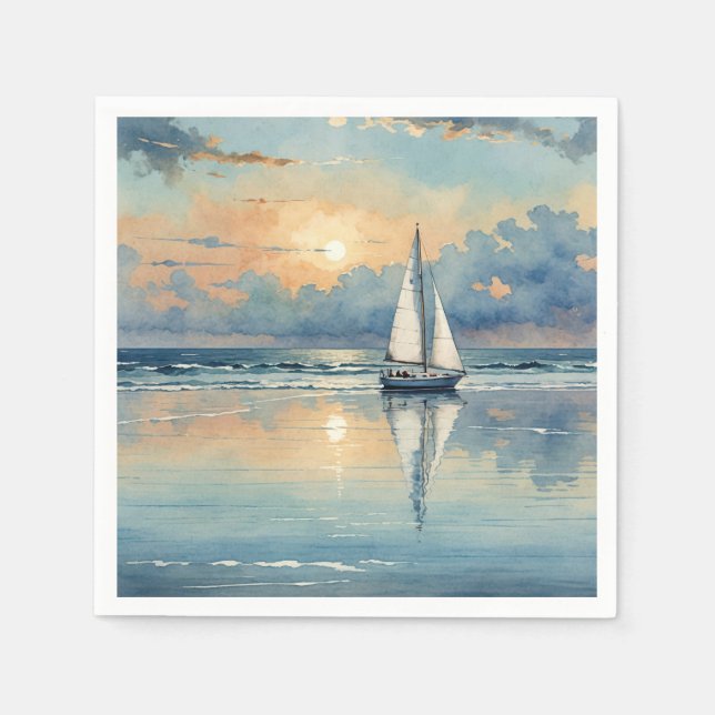 Watercolor Sailboat On Ocean Painting Napkins (Front)