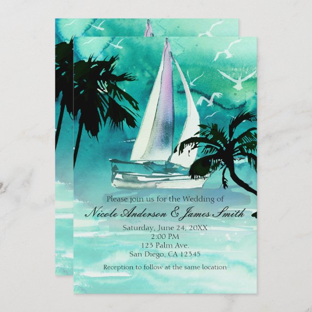 Watercolor Sailboat & Palm Trees Sea Invitations (Front/Back)