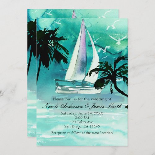 Watercolor Sailboat  Palm Trees Sea Invitations