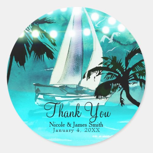 Watercolor Sailboat Palm Trees  String Lights Classic Round Sticker