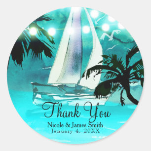 Watercolor Sailboat Palm Trees & String Lights Classic Round Sticker